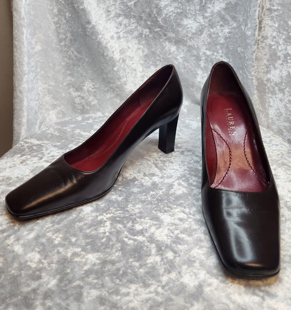 Lauren Ralph Lauren Women Brown Leather Square-Toe Pumps-Size 7.5B
